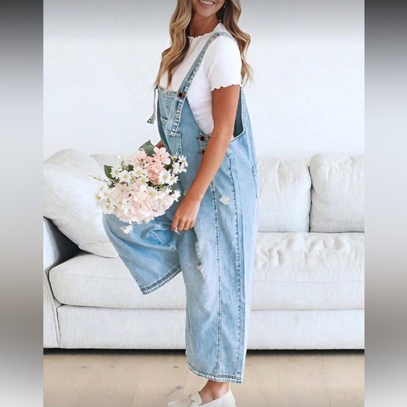 Light Blue Distressed Wide Leg Adjustable Strap Denim Jean Overalls - Picture 2 of 8